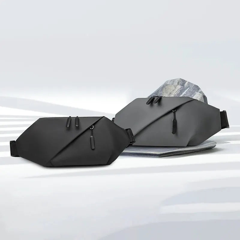 Men's minimalist waterproof waist bag set; two cross-body belt bags in black and gray
