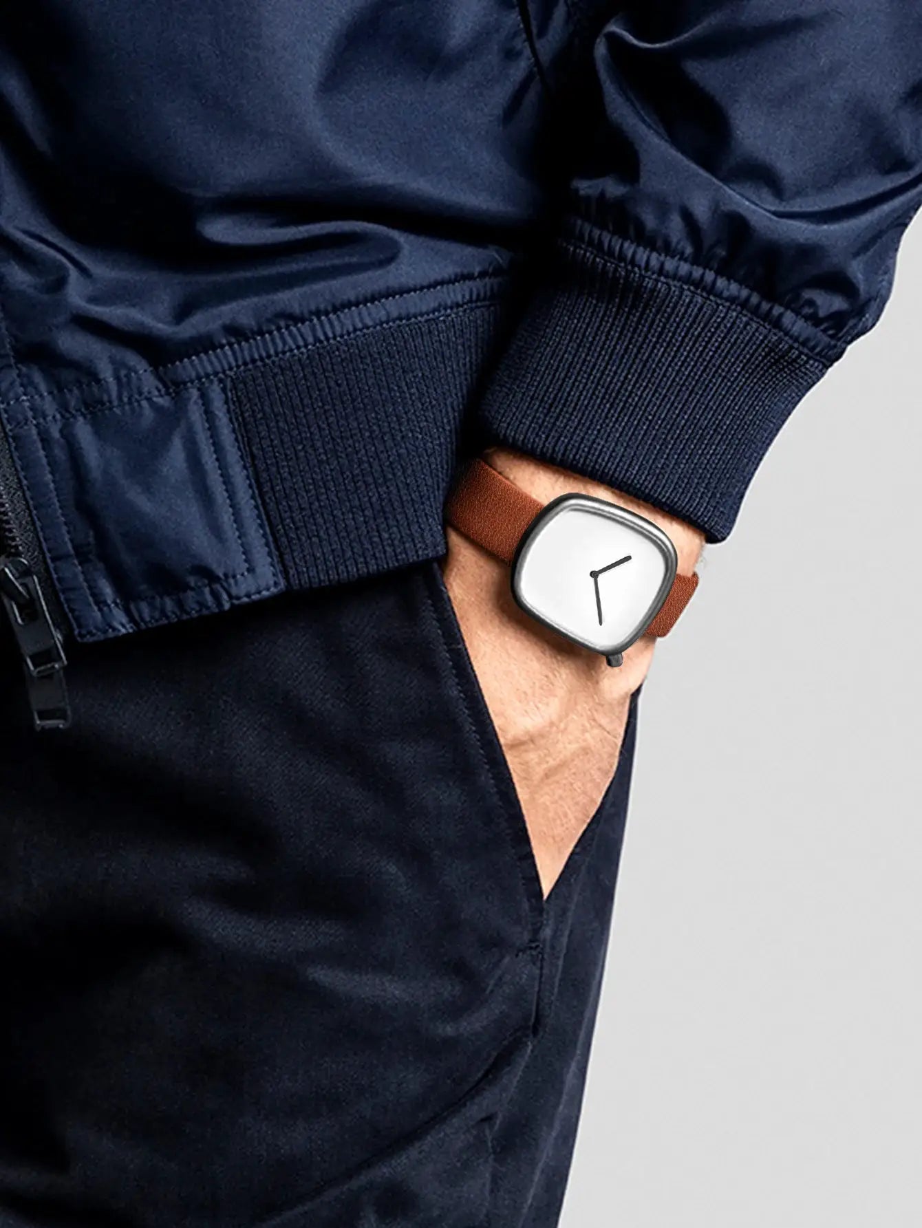 TOMI Watch by Simples Market, minimalist square quartz watch with brown leather strap and white dial