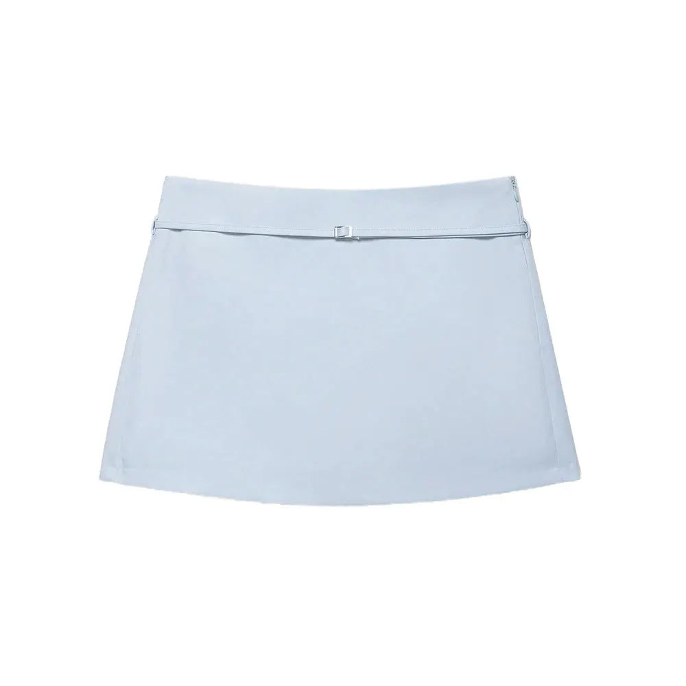 Women's light blue solid-color skort with slim belt and side zipper