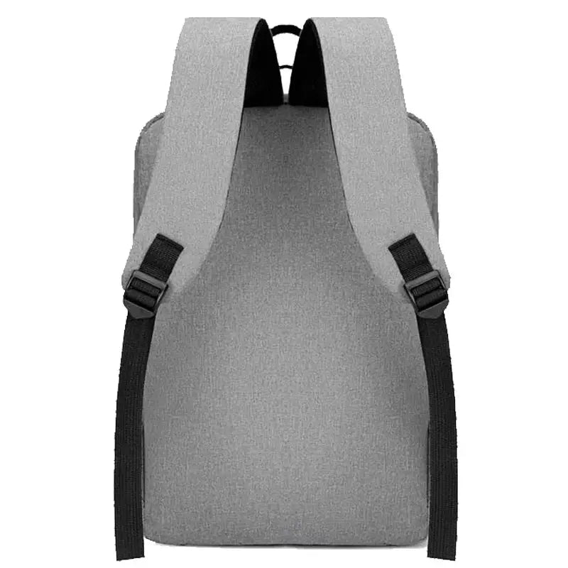 Neutral style gray schoolbag backpack with black straps, back view.