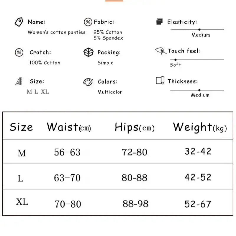 Simples Market women's cotton panties label; 95% cotton/5% spandex, 100% cotton crotch, sizes M–XL, multicolor, soft touch.