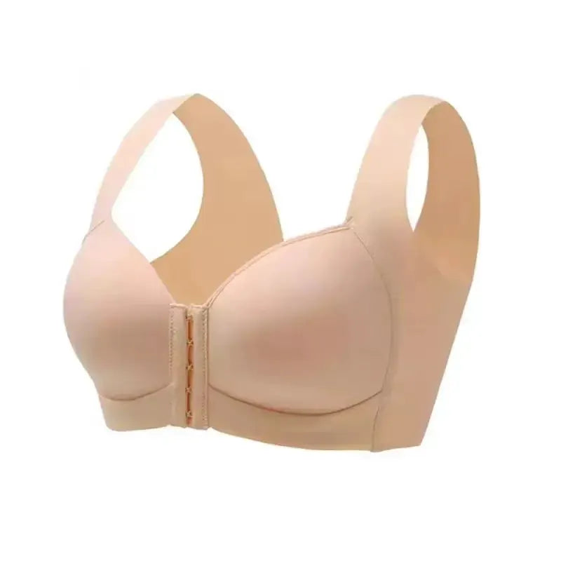 Nude seamless front-closure bra vest with wide straps and molded cups for all-day wear