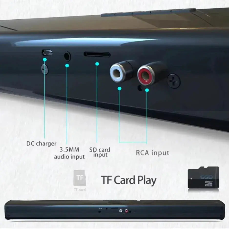 Black XIKCU soundbar with RCA, 3.5mm and TF card inputs