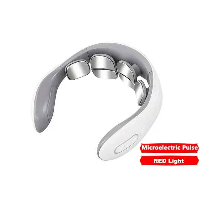 Vibration neck massager by Simples Market, white with gray lining and metal nodes, rechargeable pulse and red light