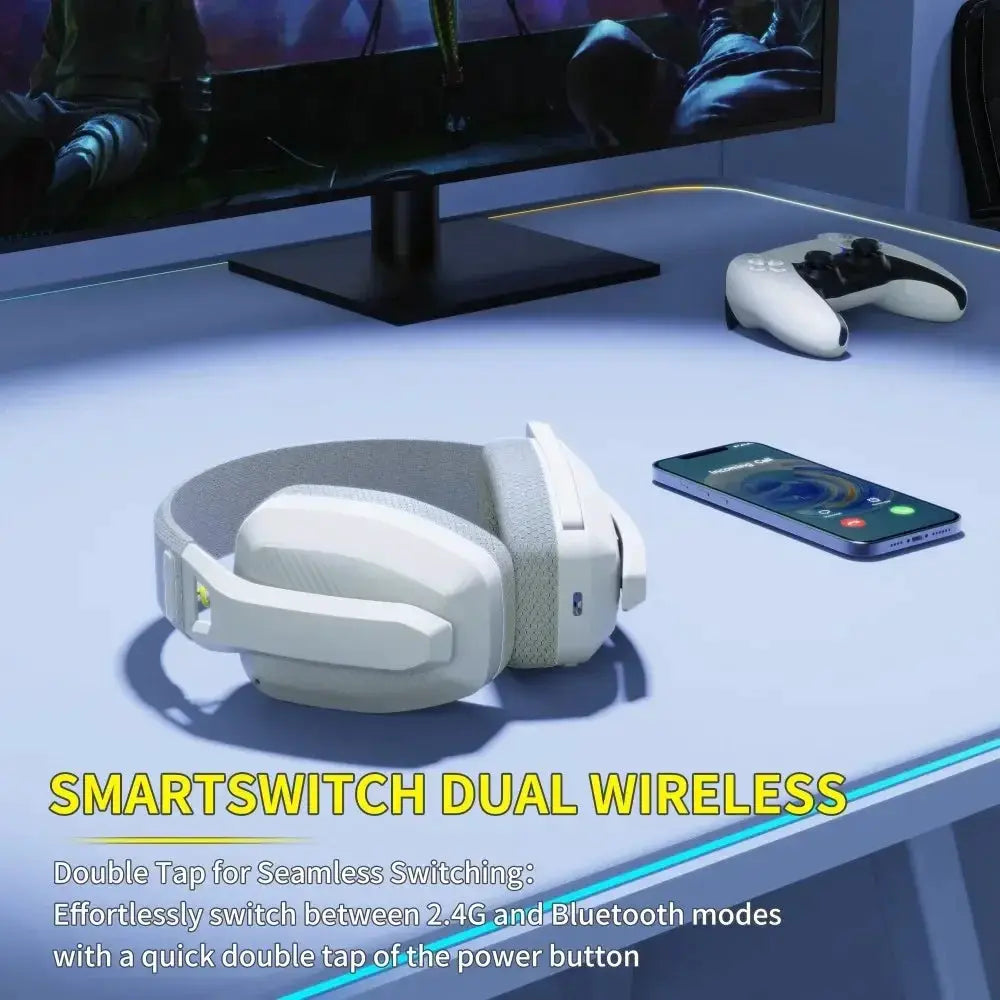 BINNUNE BW06 wireless gaming headset with mic in white on desk with smartphone and game controller