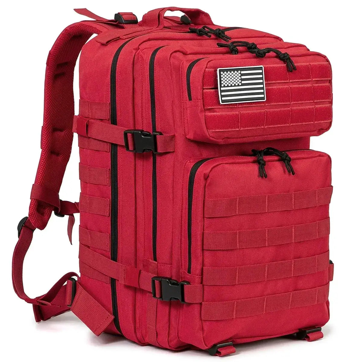 Red 45L tactical backpack with MOLLE webbing, multiple compartments and a US flag patch