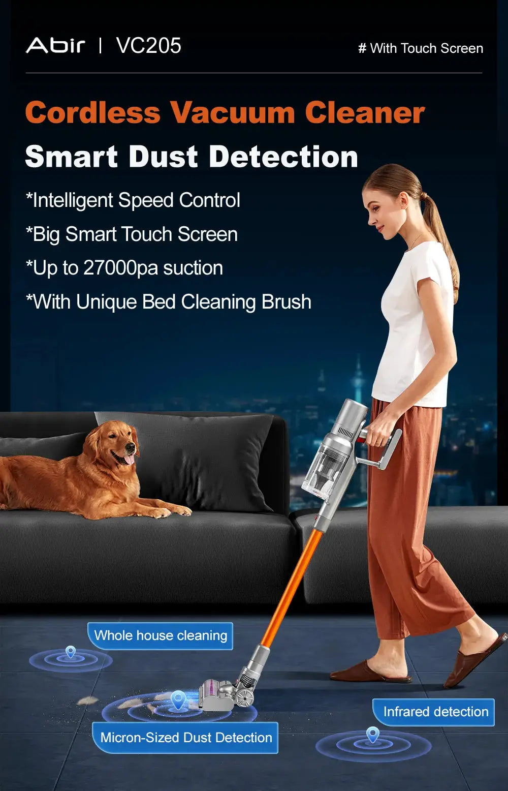 ABIR VC205 cordless handheld vacuum cleaner by Simples Market, orange wand, touch screen, 27000Pa suction