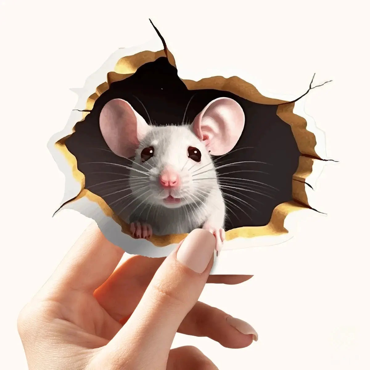 3D Effect Personalized Mouse Hole Sticker With Reading White Mouse Peeking From Flower Branch For Home Decor