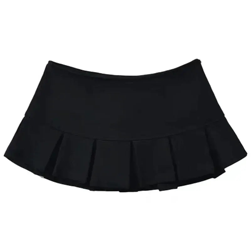 Pleated mini skirt with built-in shorts, black high-waist style, Simples Market