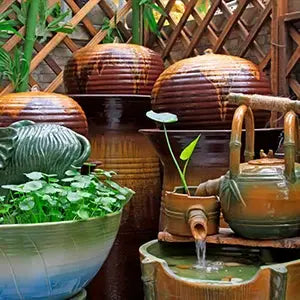 Simples Market solar fountain pump kit for ponds and bird baths; brown ceramic garden water feature with 6 nozzles