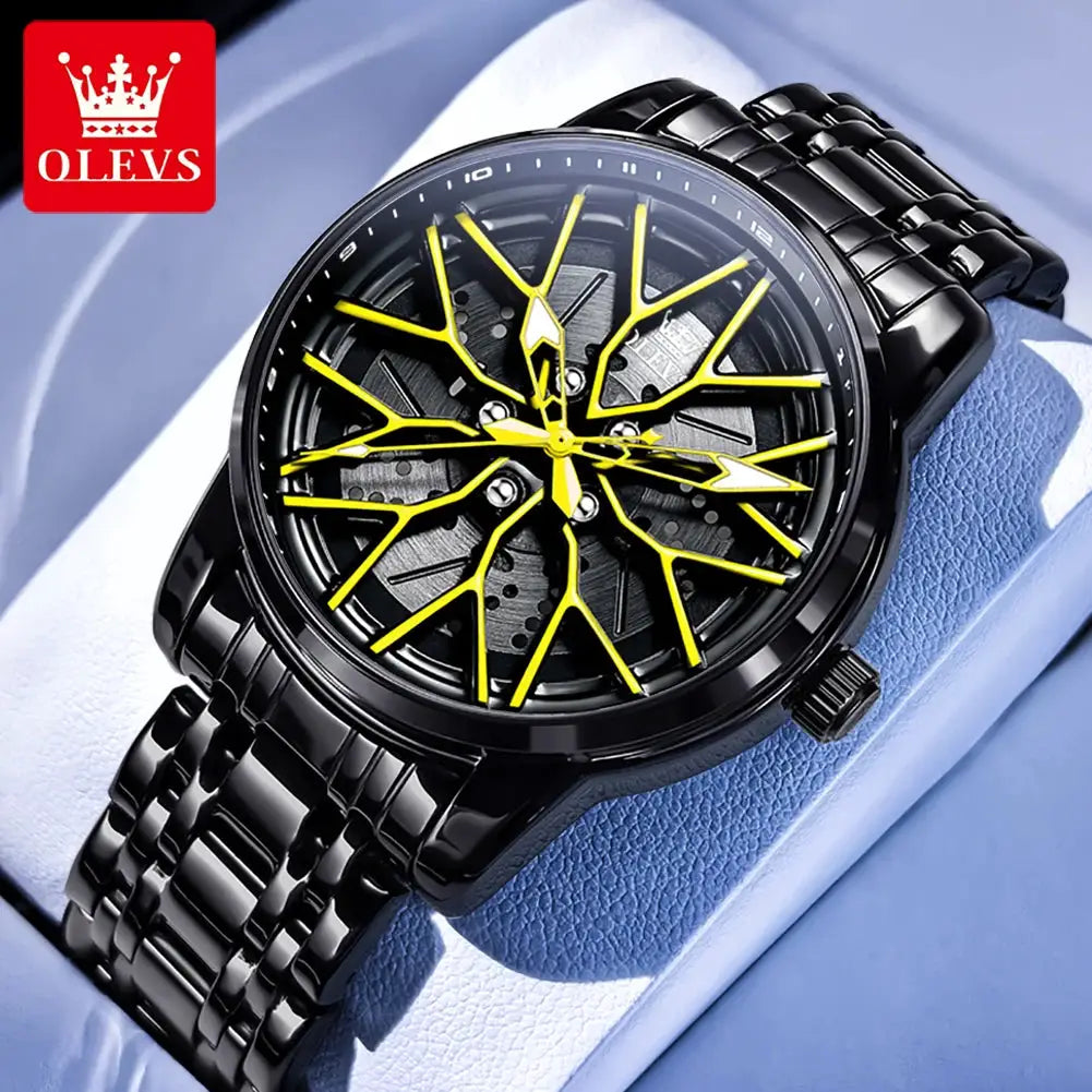 OLEVS men's black stainless steel watch with yellow cracked-dial design and visible logo