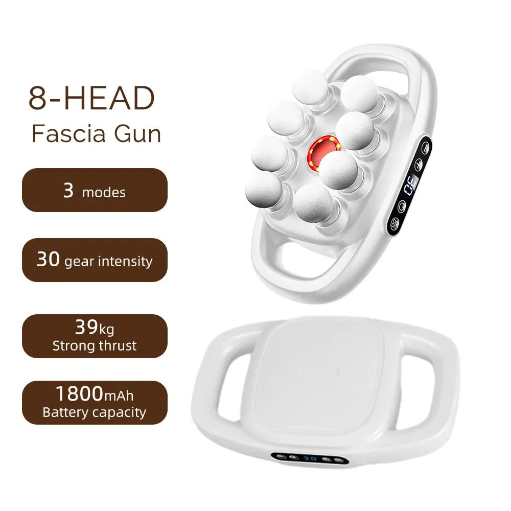8-Head fascia gun massager with control panel and 2-piece docking stand; white handheld device