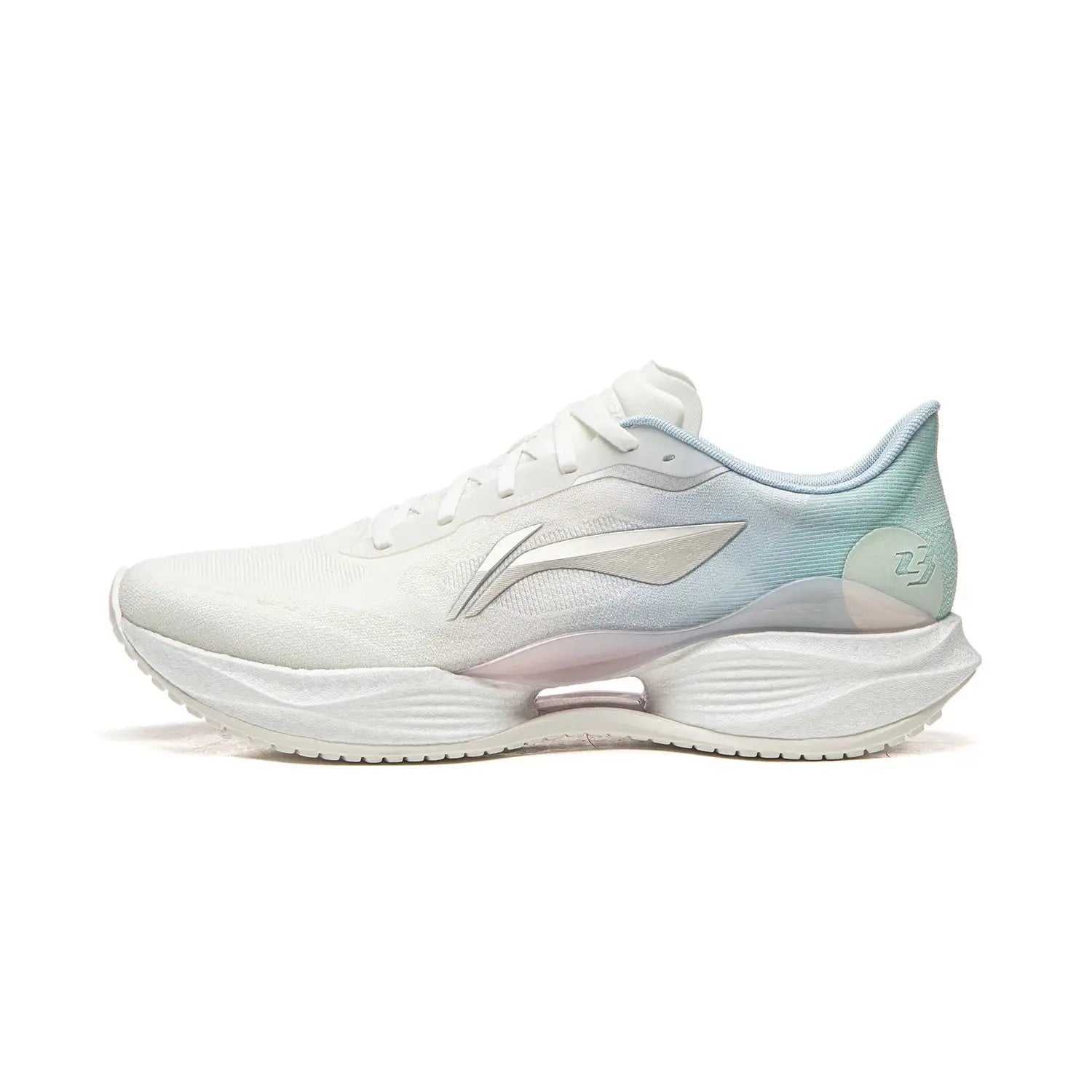 Li-Ning men's running shoes, white with pale blue gradient heel; lightweight, breathable.