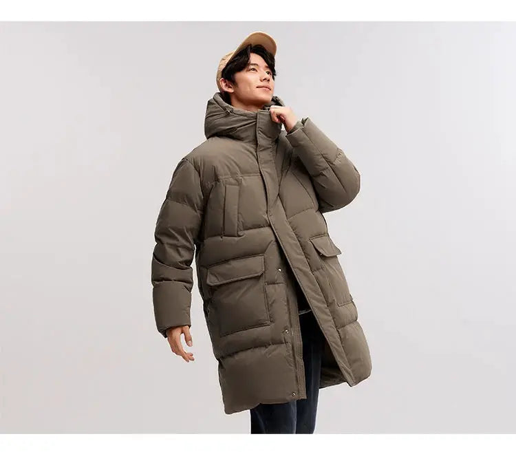 Men's long olive green puffer down jacket, thick insulated, waterproof winter outerwear by Simples Market
