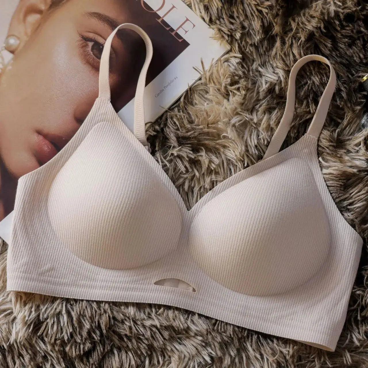 Beige seamless wireless push-up bra with ribbed fabric and contoured cups