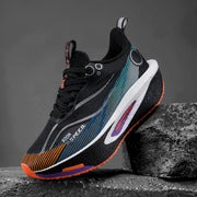Carbon-plate running shoes in black with multicolor stripe accents; lightweight marathon racing sneakers.