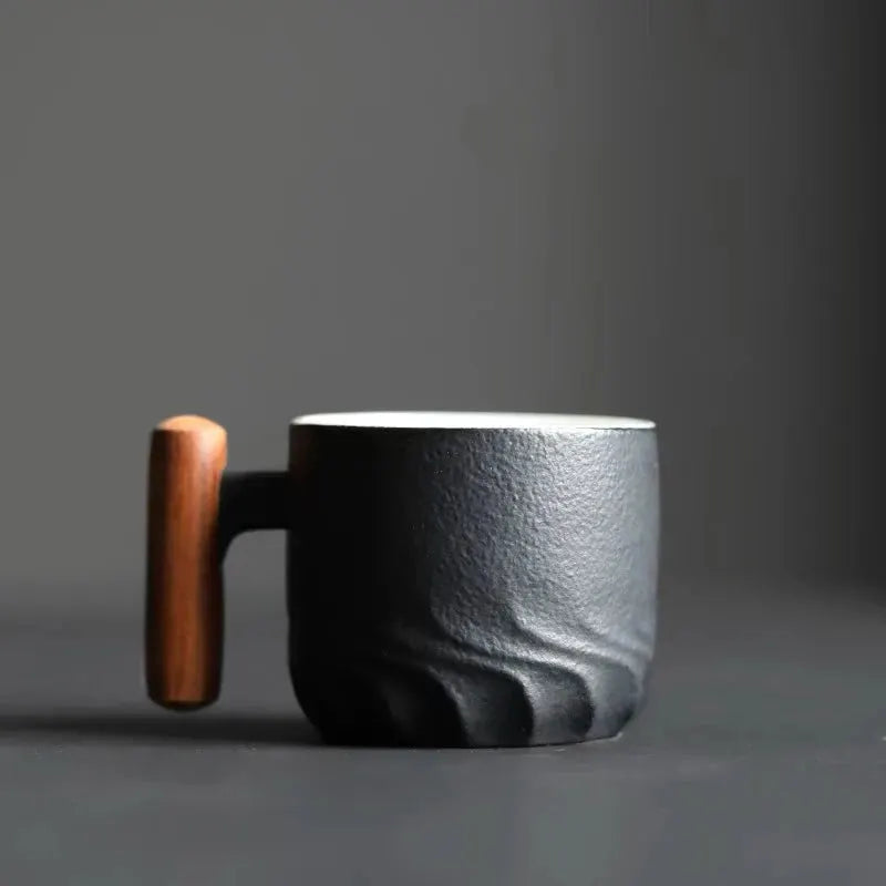 Timberline Ceramic Retro Coffee Cup Handmade With Wooden Handle For Office And Home Use