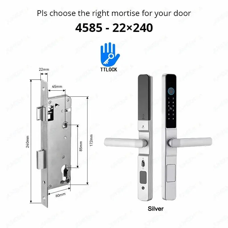 Waterproof sliding-door smart lock TTLock, silver aluminum finish with fingerprint, keypad and RFID