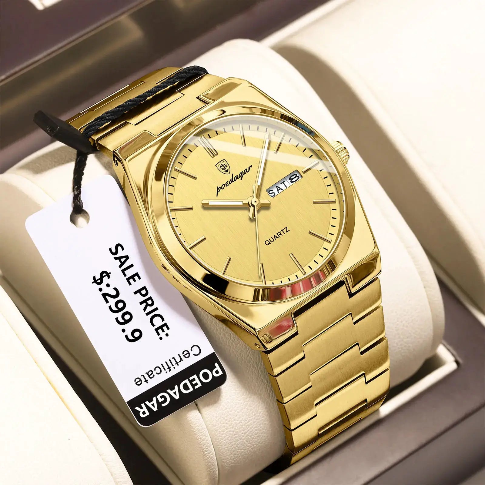 POEDAGAR men's gold-tone stainless steel watch with date/day window, waterproof quartz.