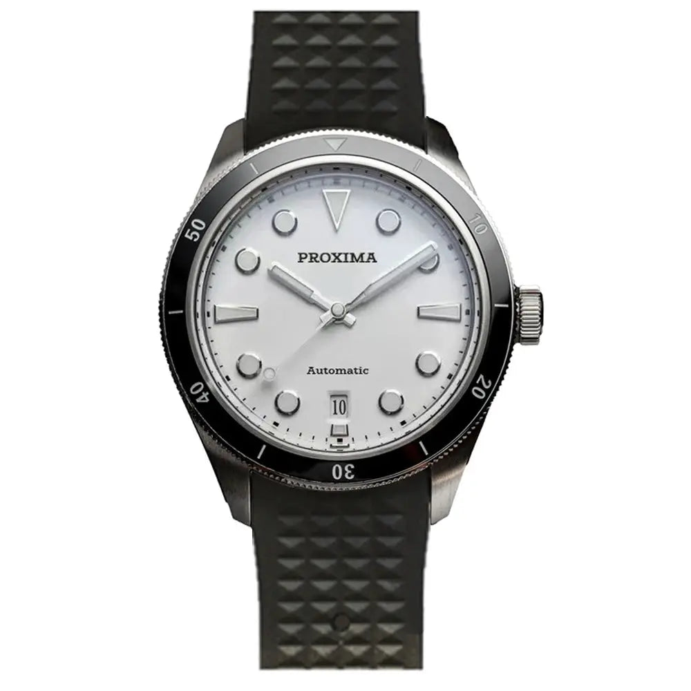 Proxima PX1697 39mm men’s automatic watch with white enamel dial black bezel silicone strap.