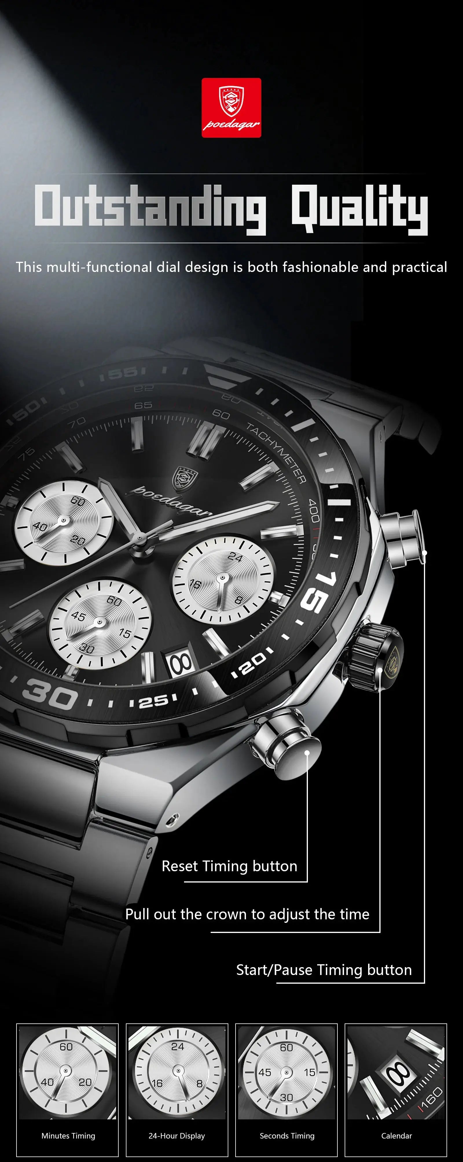 POEDAGAR men's stainless steel quartz chronograph watch with black dial and luminous hands