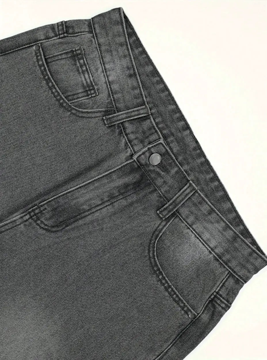 Men's gray denim jeans with front pockets, belt loops and a metal button