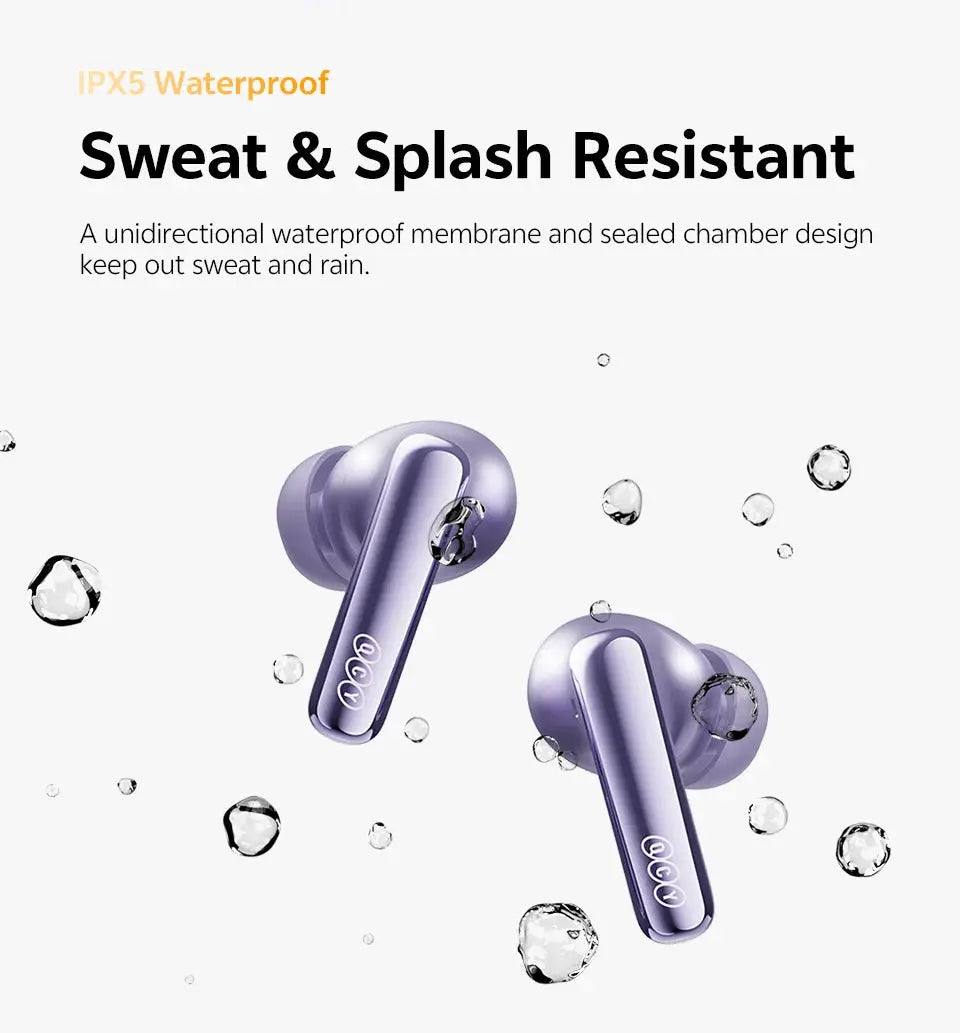 QCY MeloBuds N70 wireless earbuds in purple; two in-ear Bluetooth earphones with QCY logo, Simples Market.