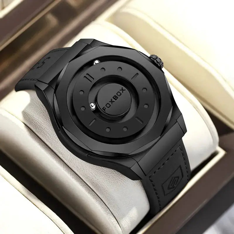FOXBOX men's black stainless steel wristwatch with presentation box