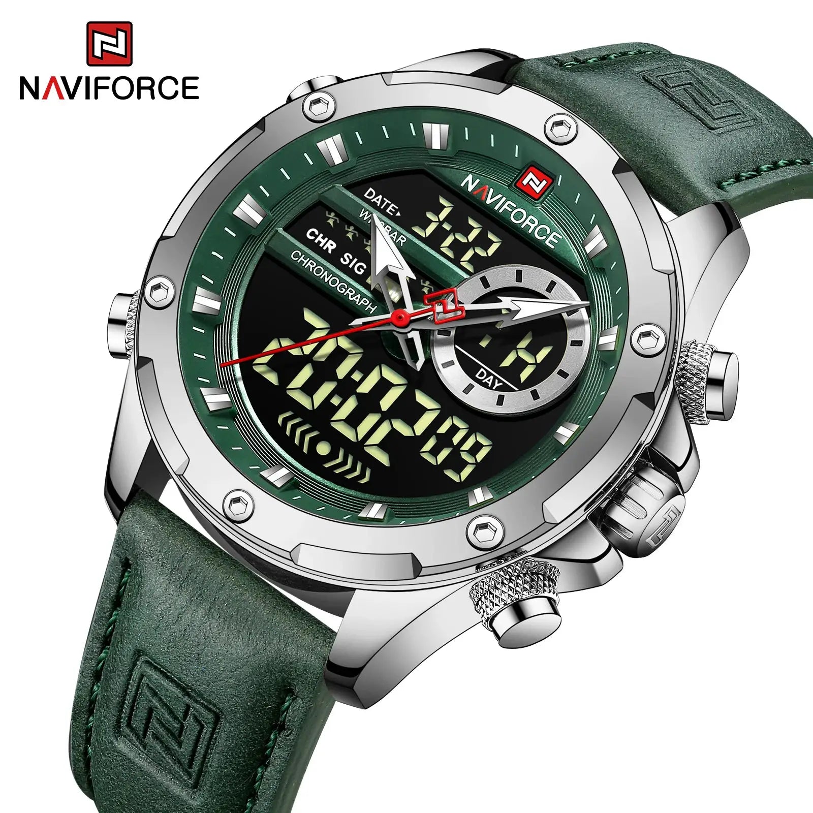 NAVIFORCE men's luxury sport watch with green bezel, analog-digital display, stainless steel case, green leather strap