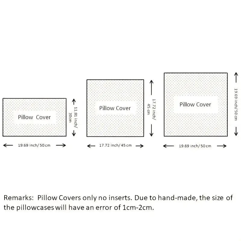 Pillow Cover size guide with three dimensions for decorative cushion covers.