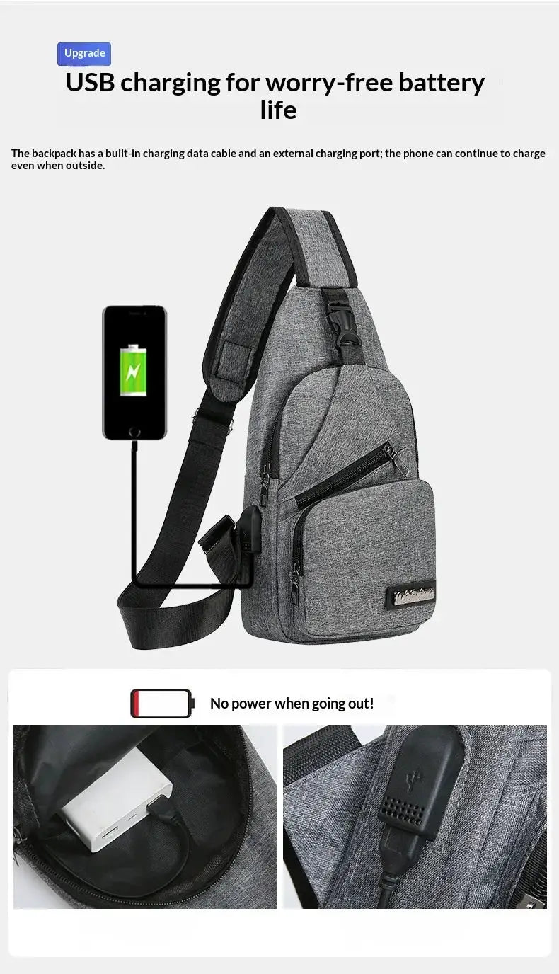 Men's chest bag crossbody, grey canvas, Simples Market, USB charging port