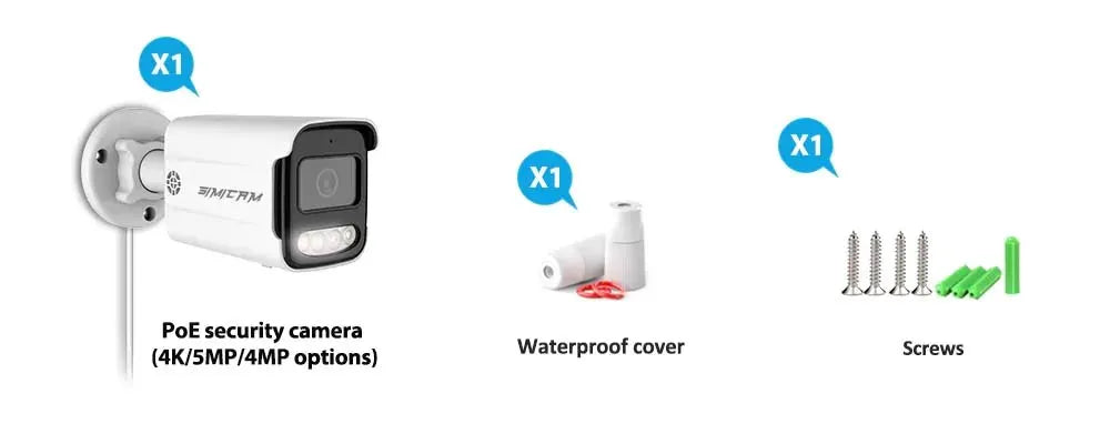 Simples Market CCTV PoE IP security camera outdoors; waterproof, 2-way audio, color night vision; includes waterproof cover and screws.
