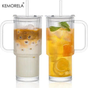 760ML Ribbed Glass Tumbler With Handle Lid For Cold And Hot Beverages Large Iced Coffee Cups With Straws Glass Mug