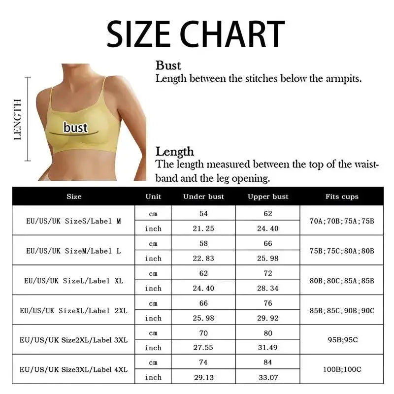 Ultra-Thin Ice Silk Top Bra size chart; model wearing a yellow bustier.