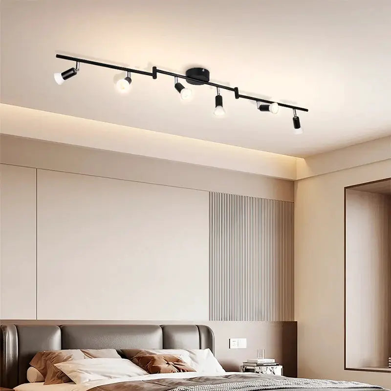 GU10 LED ceiling light track with five black spotlight heads, modern living room fixture