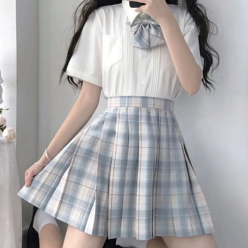 ZOKI plaid pleated high-waist A-line skirt in light blue and white