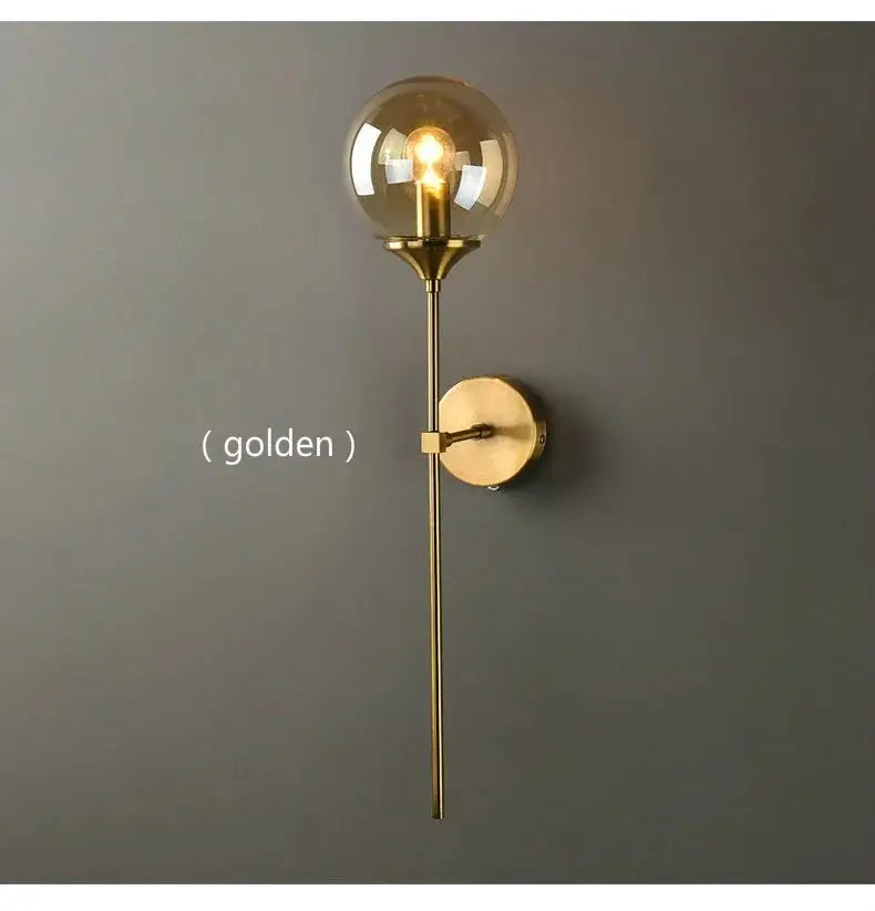 Modern glass wall lamp by Simples Market, golden circular globe sconce for bedroom or living room decor
