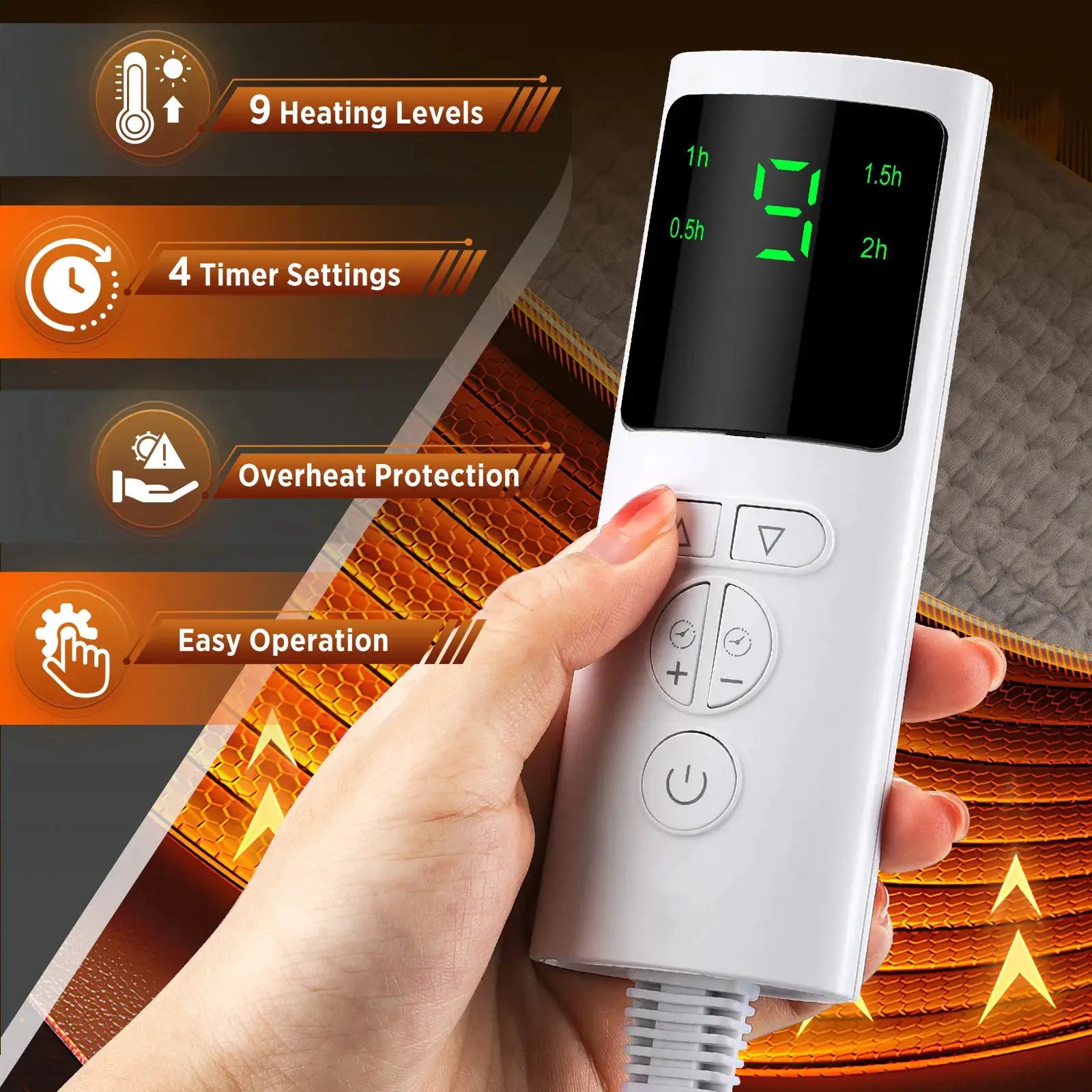 Back heating belt with adjustable temperature remote; white controller shows 9 heating levels and 4 timer settings