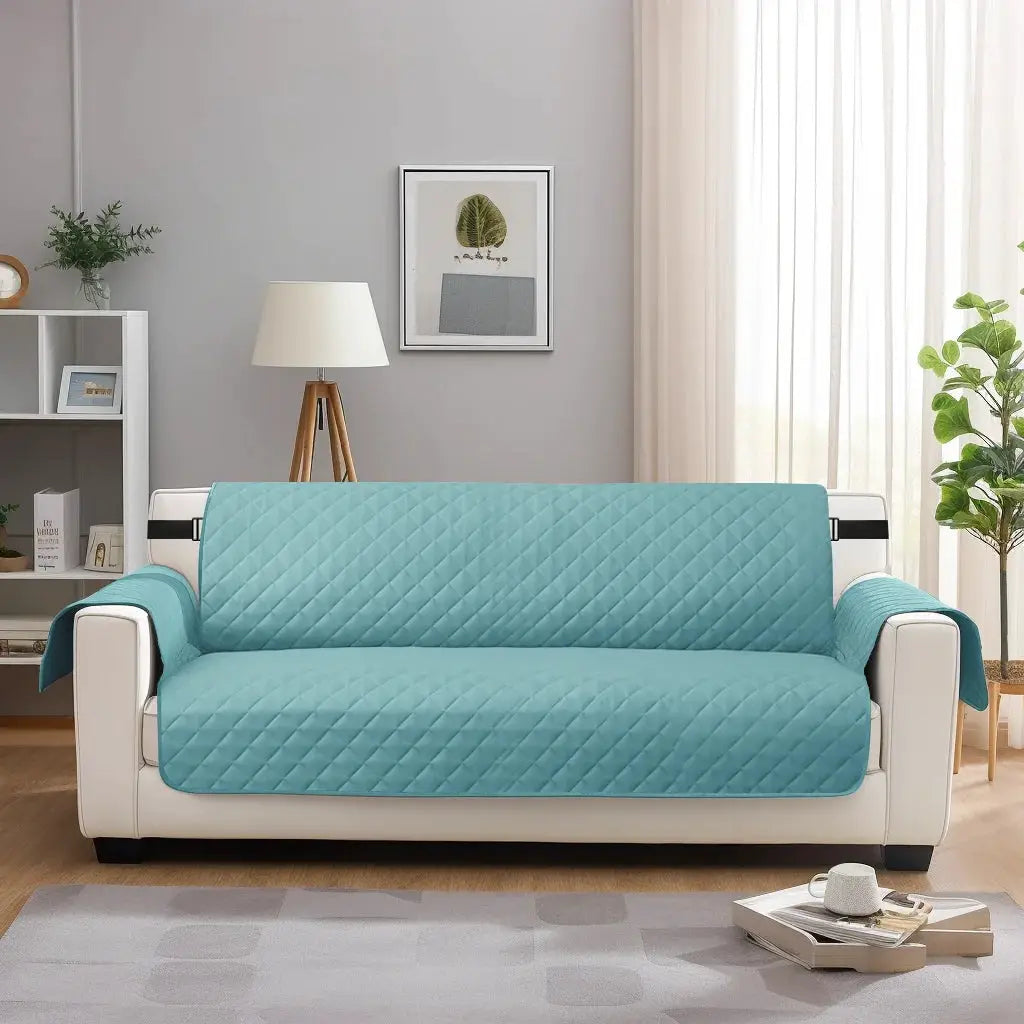 Sofa cover teal quilted waterproof with elastic straps on white 2-seat sofa