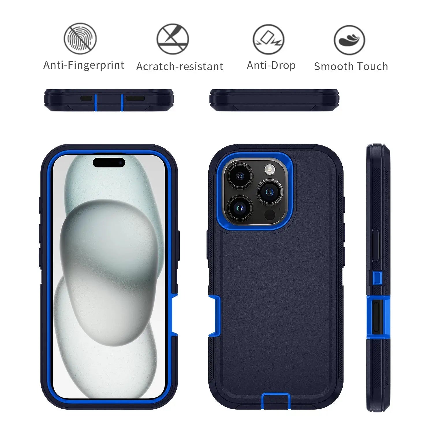 Simples Market Armor shockproof dustproof case with navy blue frame; rugged protective cover for iPhone 11–16 Pro Max and 13 mini