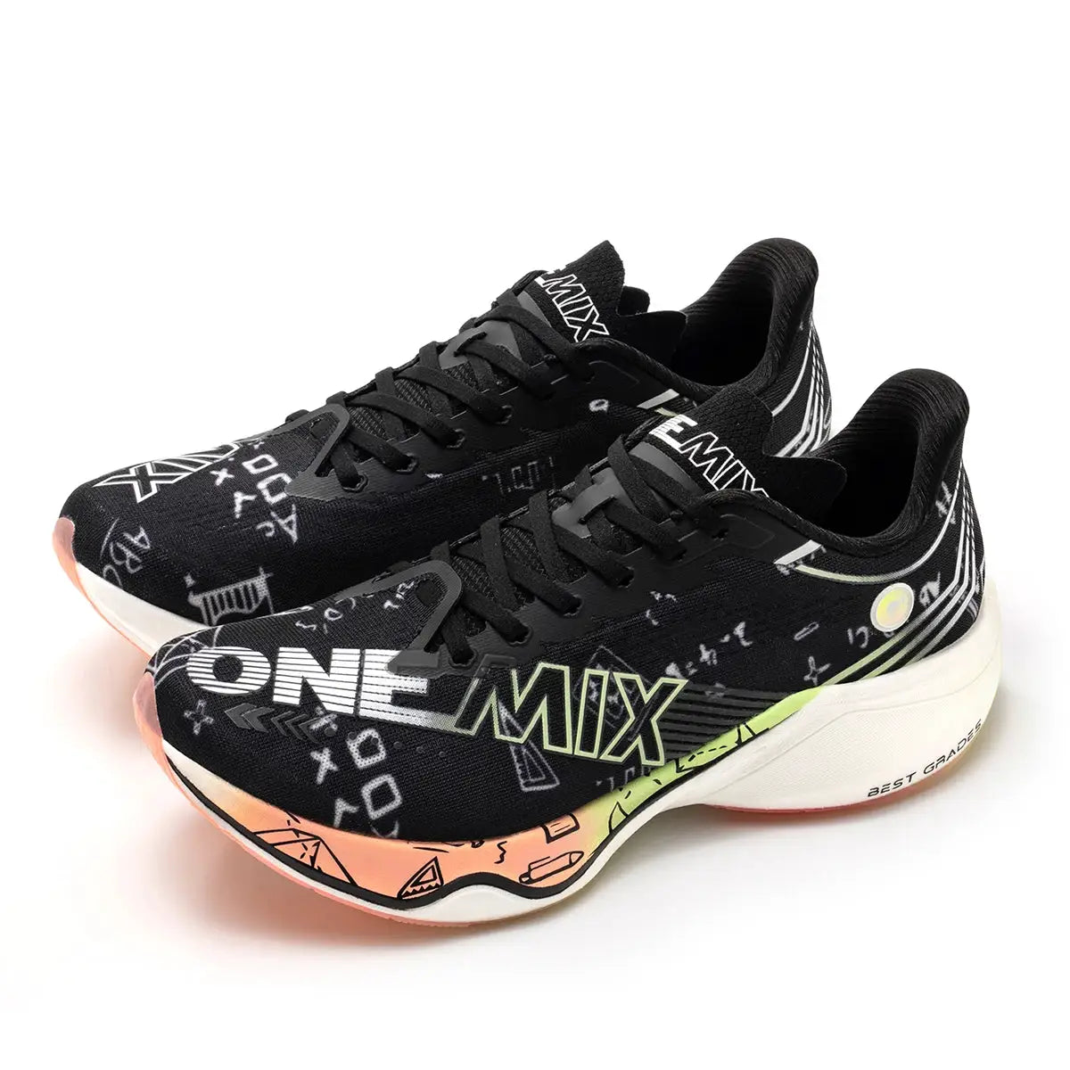 ONEMIX Marathon carbon plate running shoes, black with neon gradient sole and white midsole