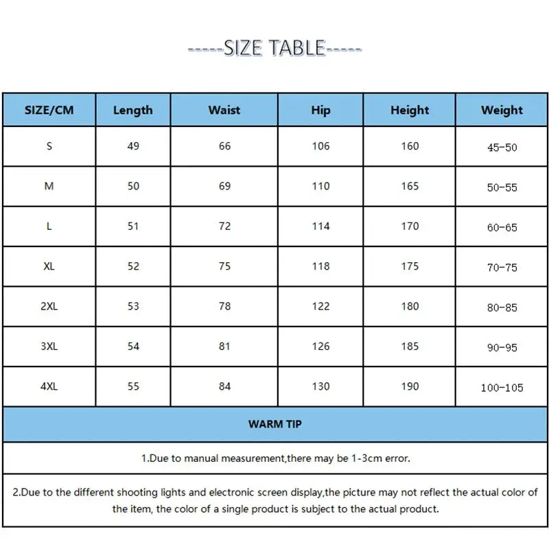 Simples Market men's Bermuda shorts size chart with lengths, waists, hips, heights and weights from S to 4XL