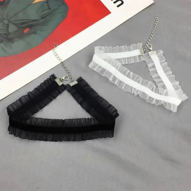 Lace choker necklace set for women, two-piece black and white with ruffled lace and adjustable chains