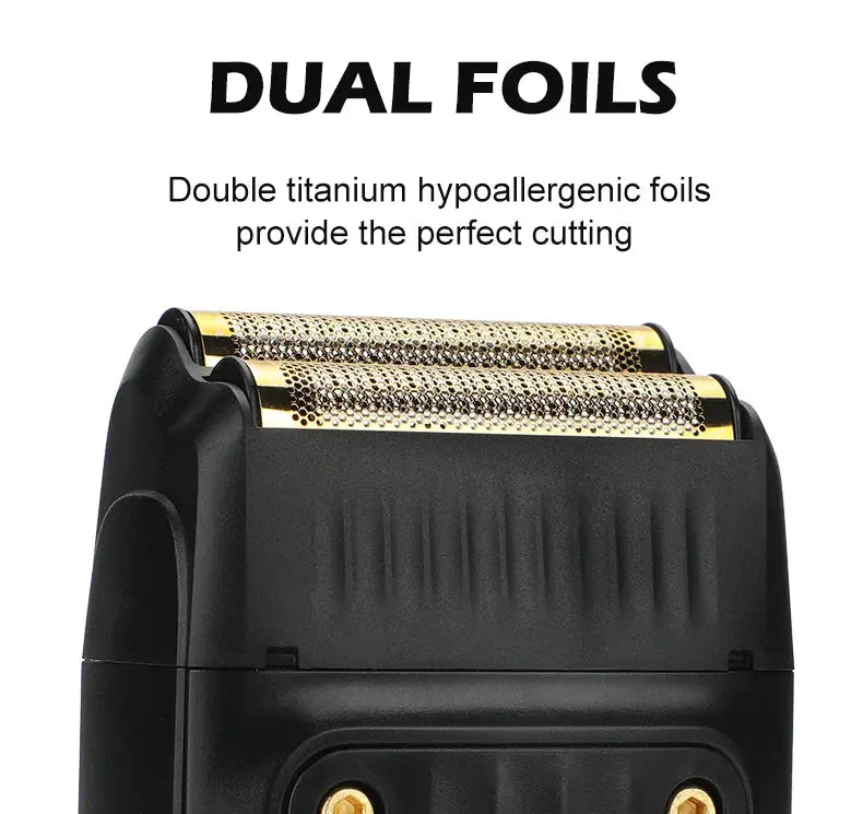 VGR 363 electric shaver with dual foil heads; black body and gold foil.