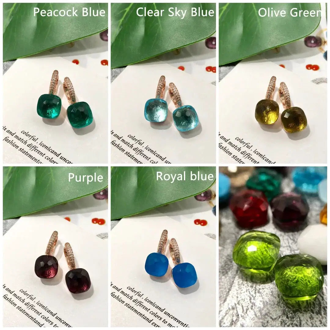 Crystal candy-style 10mm drop earrings by Simples Market in peacock blue, royal blue, olive green, purple