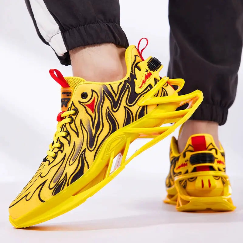 Men's yellow flame-patterned breathable running sneakers by Simples Market
