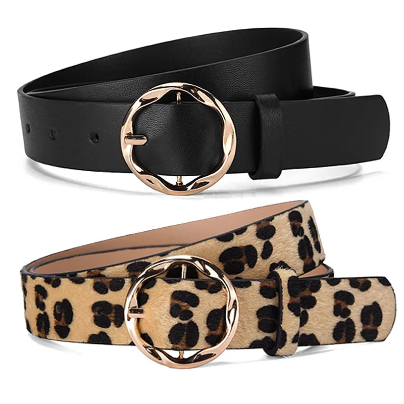 VividModa Leopard Snake Zebra Snakeskin Belt With Golden Circle Pin Buckle For Dresses Jeans And Suits