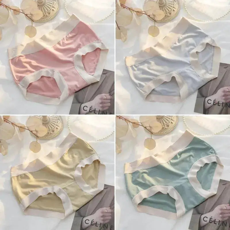 Simples Market 4Pcs Set women's seamless modal panties in pink, gray, beige and blue-green with white trim