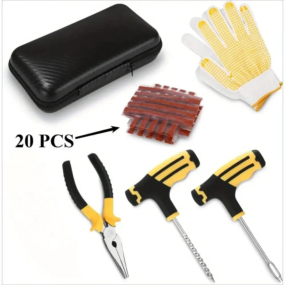 Emergency tire repair kit with 20 repair strips, pliers, screwdrivers, gloves, and a black storage case
