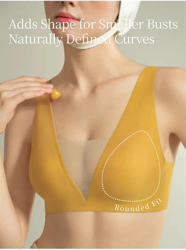 SUJIIN seamless plunge push-up bra for women in mustard yellow with mesh panel, wireless support, rounded fit